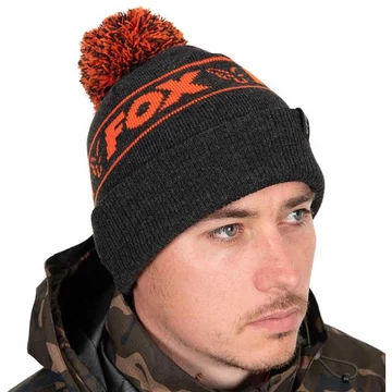 Fox Collection Bobble Beanie Black Orange téli sapka