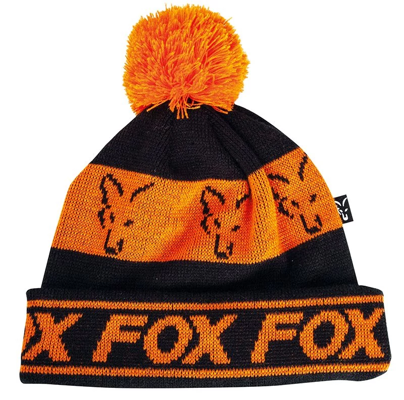 Fox Black Orange Lined Bobble Beanie bélelt téli sapka